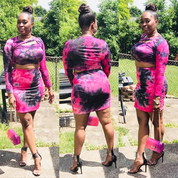 LOVE J Long Sleeve Tie Dye Crop Top & Skirt Set - Picture 2 of 6